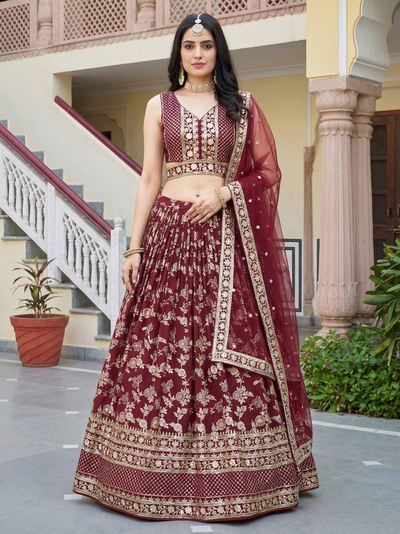 maroon sequins dola silk lehenga set choli with dupatta