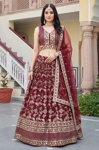 maroon sequins dola silk lehenga set choli with dupatta
