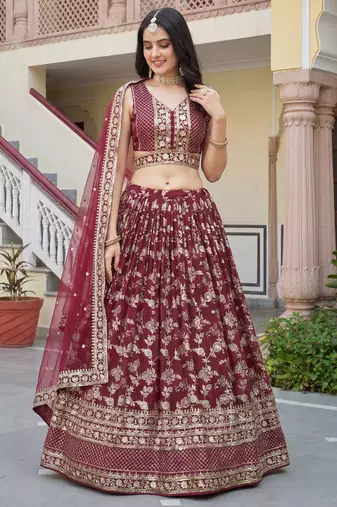 maroon sequins dola silk lehenga set choli with dupatta