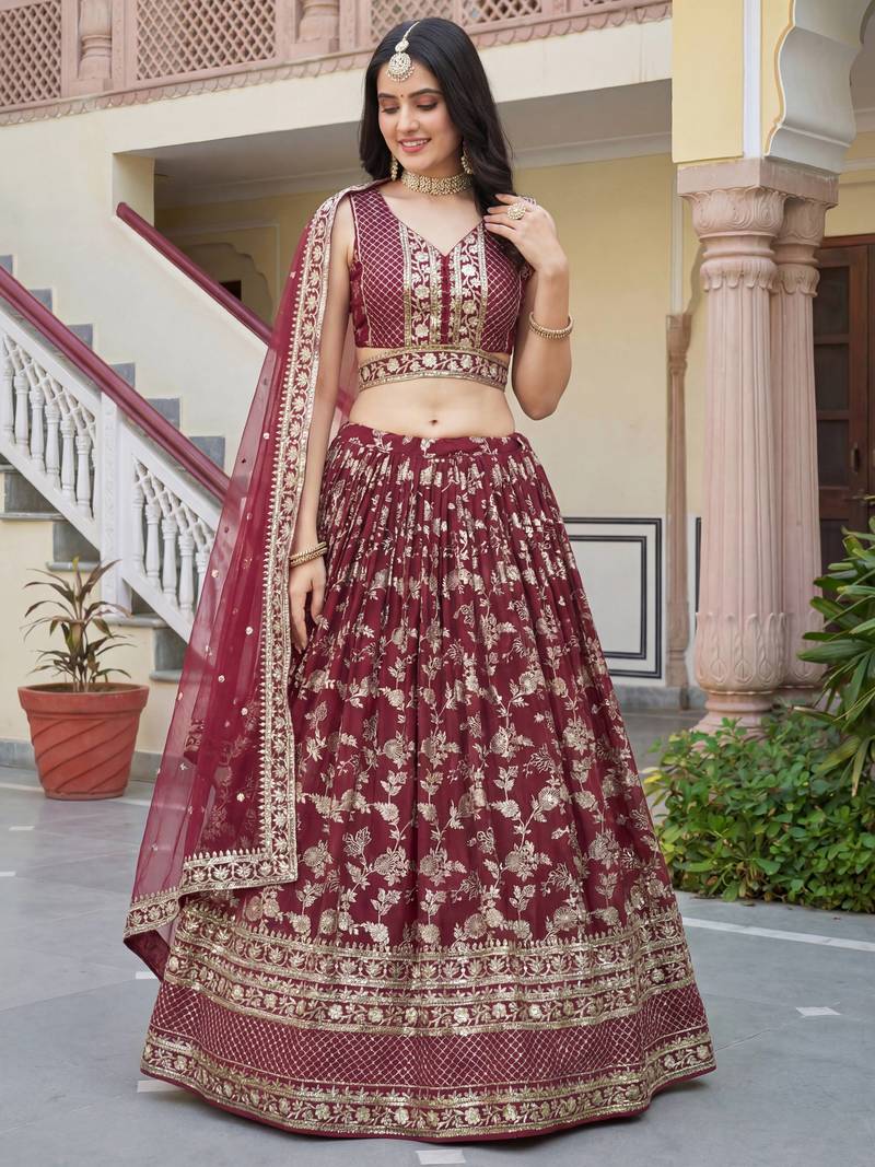 maroon sequins dola silk lehenga set choli with dupatta