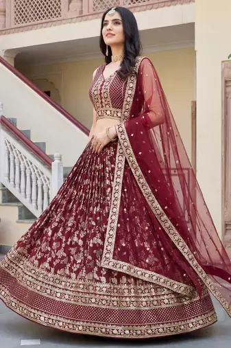 maroon sequins dola silk lehenga set choli with dupatta