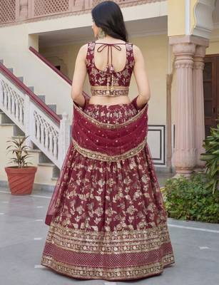 maroon sequins dola silk lehenga set choli with dupatta 4