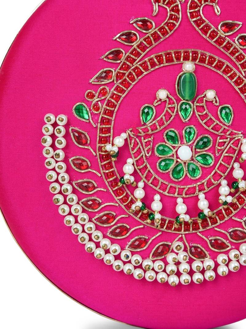 glided gleam magenta, pearl & multi peacock embroidered faux silk clutch