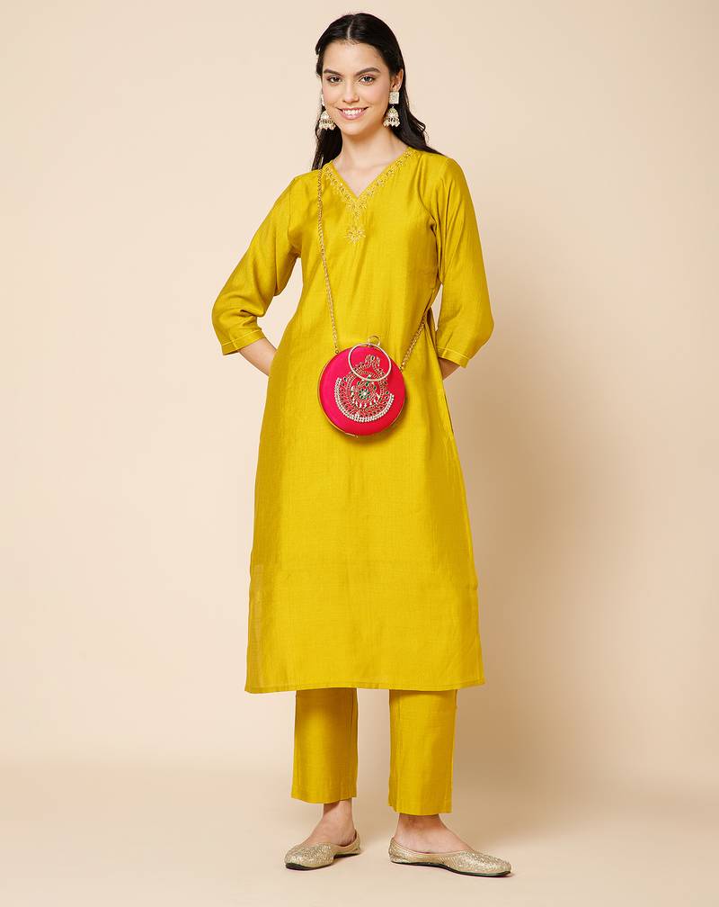 glided gleam magenta, pearl & multi peacock embroidered faux silk clutch