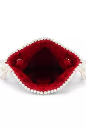 dewdrop fringe deep red & pearl white beaded velvet potli