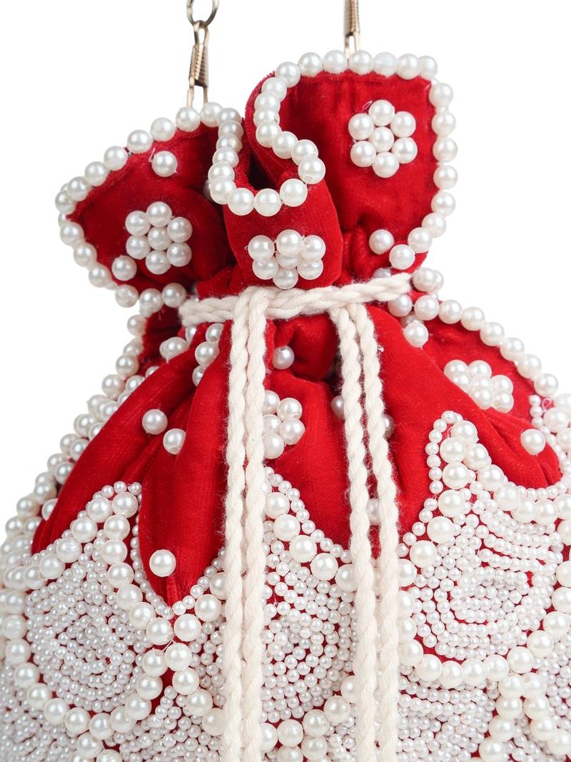 dewdrop fringe deep red & pearl white beaded velvet potli