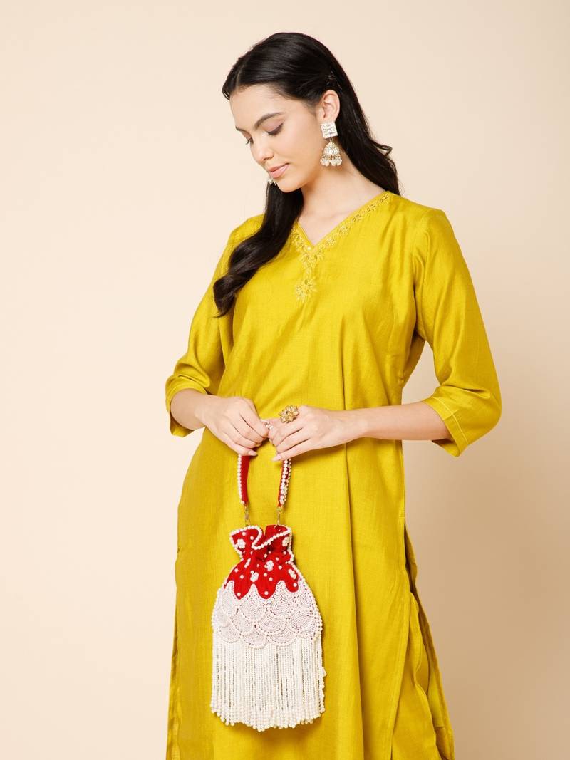 dewdrop fringe deep red & pearl white beaded velvet potli