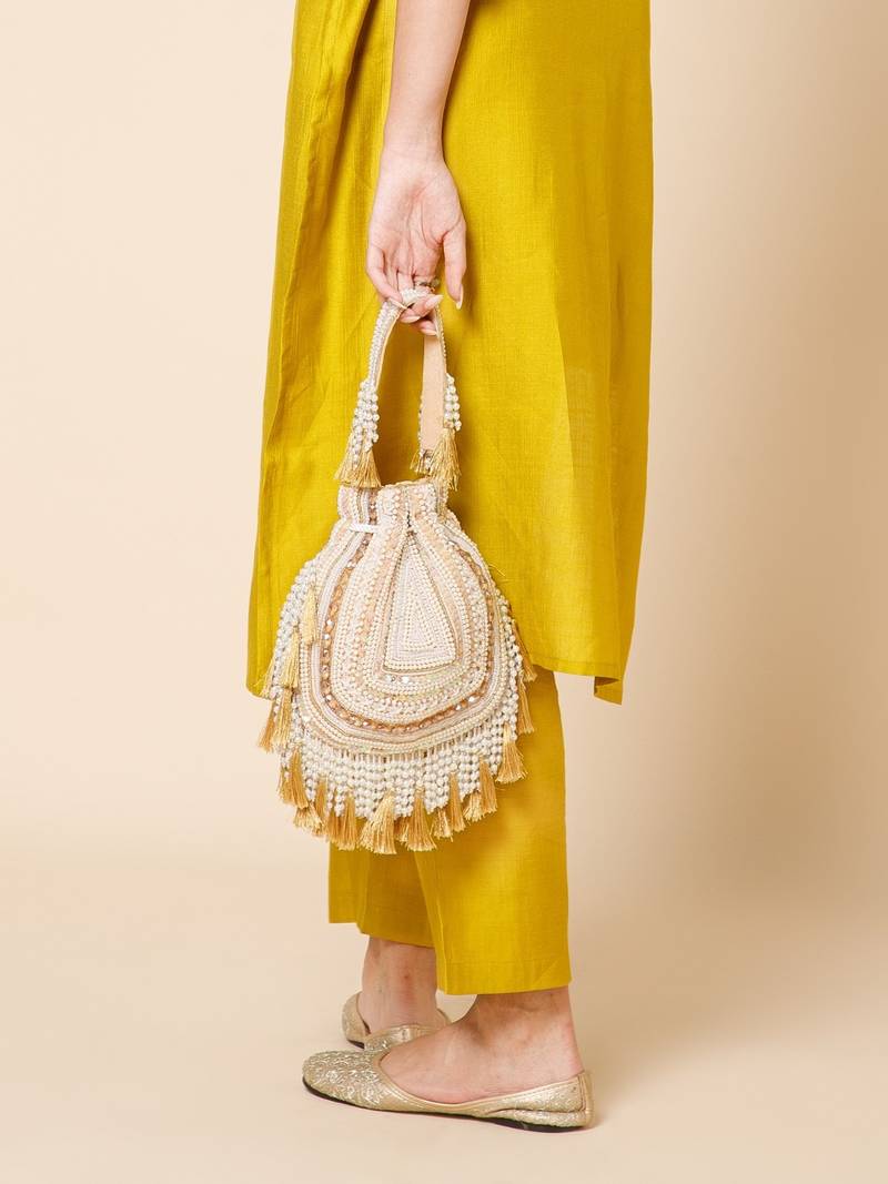 dewdrop fringe champagne gold & ivory embellished velvet potli