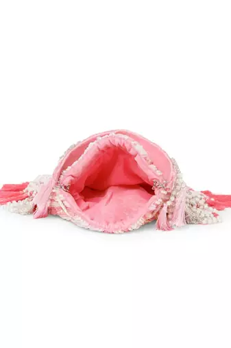 dewdrop fringe coral pink & ivory embellished velvet potli