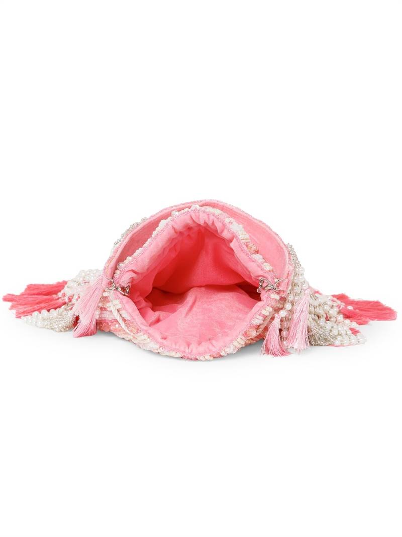dewdrop fringe coral pink & ivory embellished velvet potli