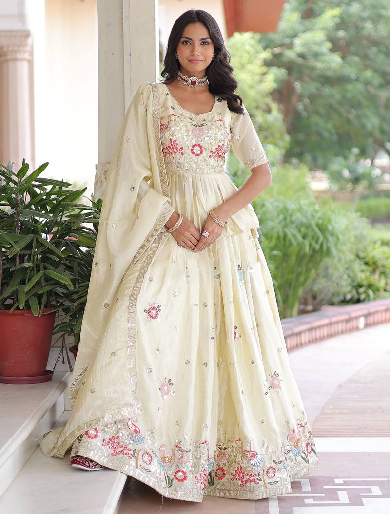 cream sequins embroidered organza festival lehenga set choli with dupatta