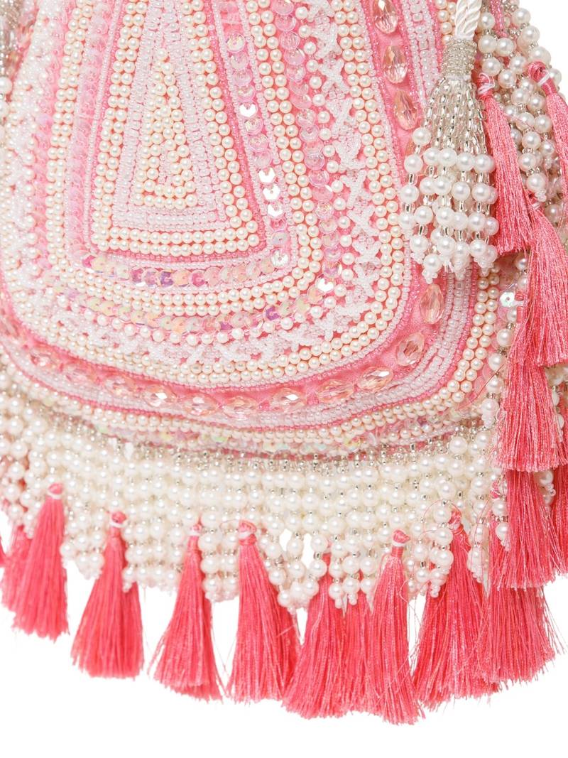 dewdrop fringe coral pink & ivory embellished velvet potli