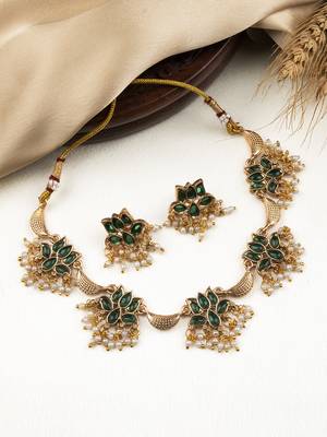 Gold plated green bloom necklace set 1