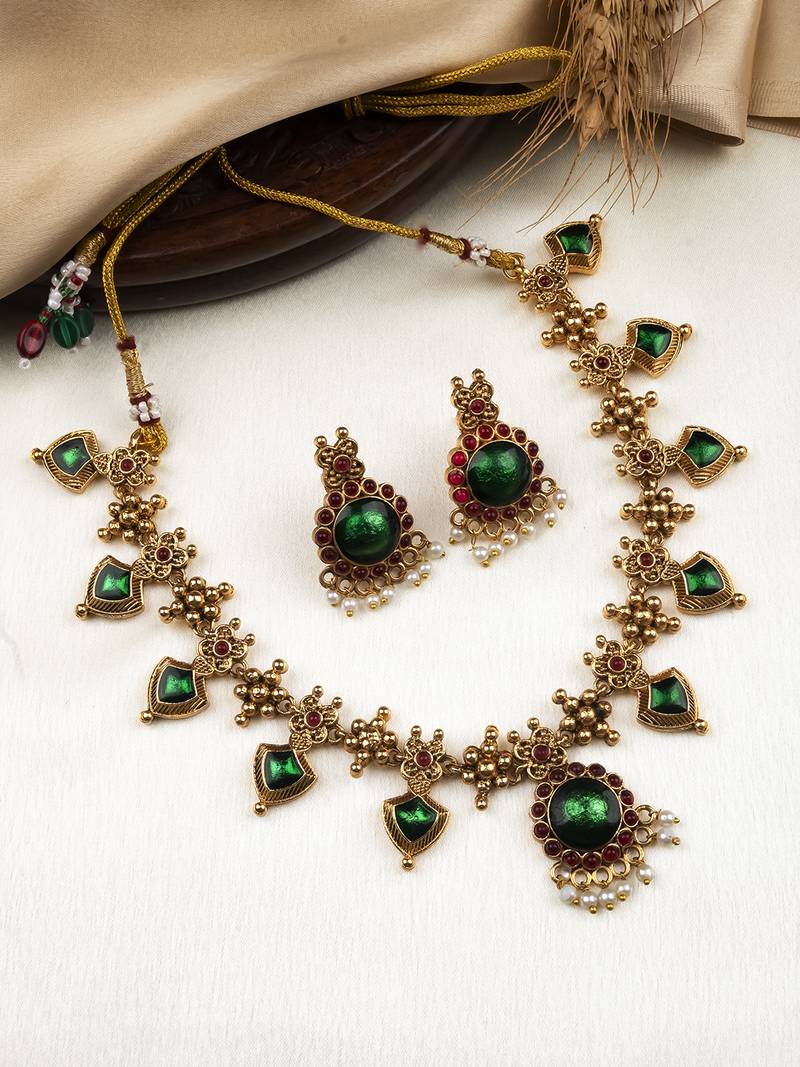  gold plated green floral jewellery set