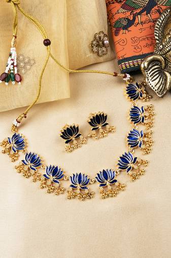Handpainted blue lotus meenakari necklace set 