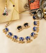 Handpainted blue lotus meenakari necklace set 