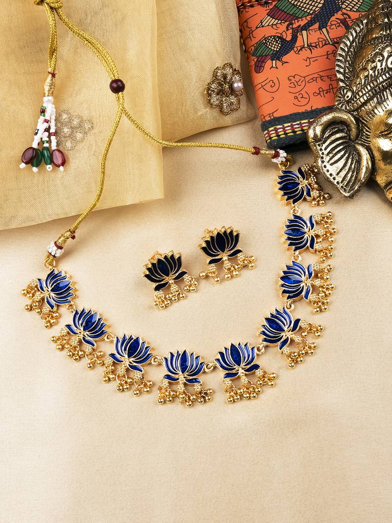 Handpainted blue lotus meenakari necklace set 