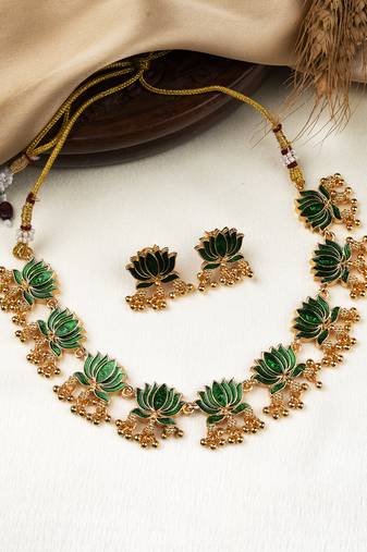 Handpainted green lotus meenakari necklace set 