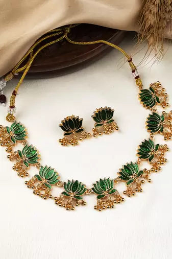 Handpainted green lotus meenakari necklace set  