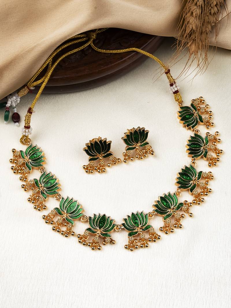 Handpainted green lotus meenakari necklace set 