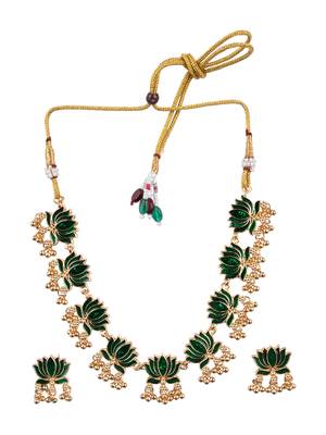 Handpainted green lotus meenakari necklace set   2