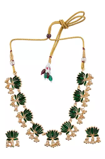 Handpainted green lotus meenakari necklace set  
