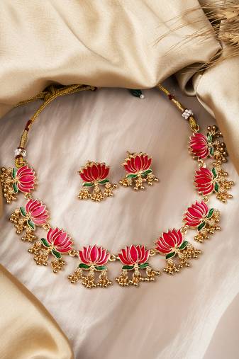 Handpainted multicolor lotus meenakari necklace set 