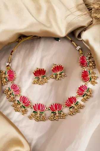Handpainted multicolor lotus meenakari necklace set 