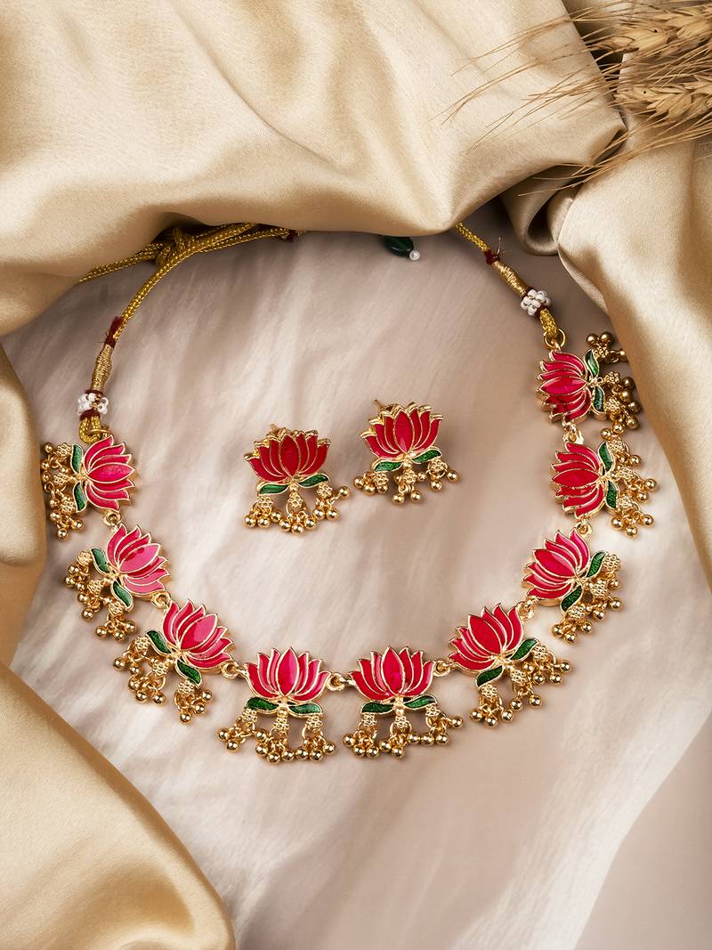 Handpainted multicolor lotus meenakari necklace set 