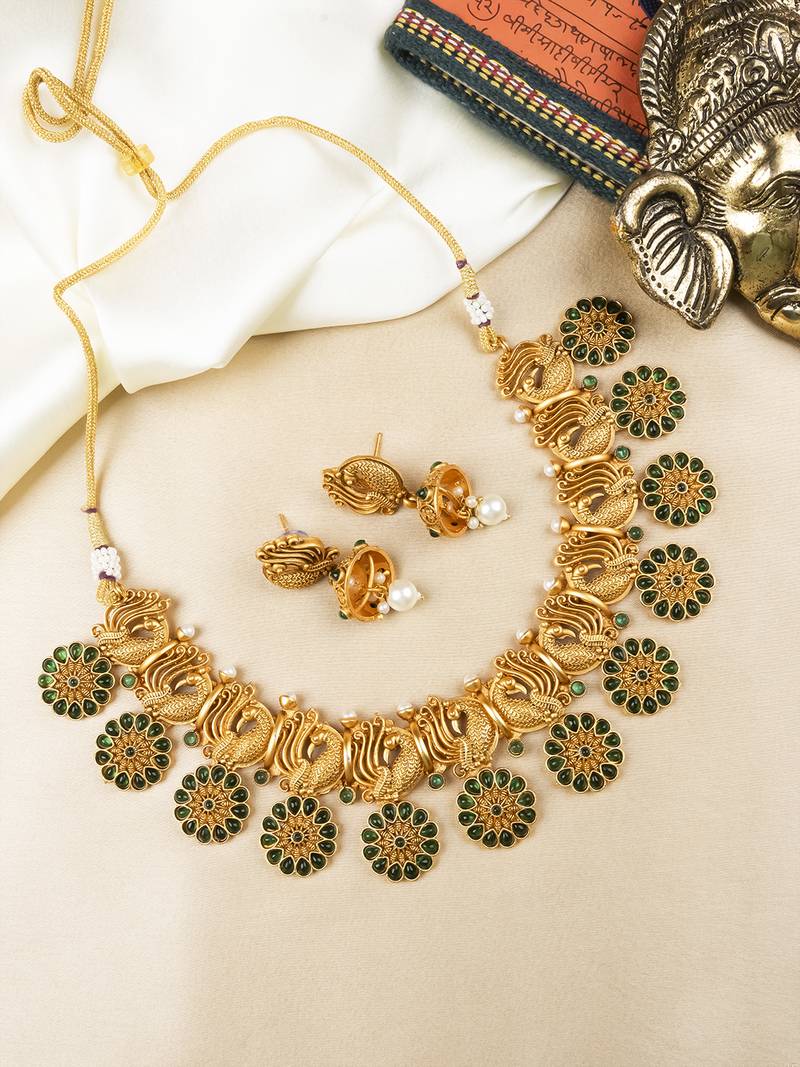  elegant green copper made kempu peacock flower motif necklace set