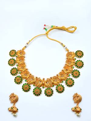   elegant green copper made kempu peacock flower motif necklace set 2
