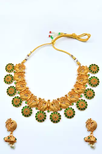  elegant green copper made kempu peacock flower motif necklace set