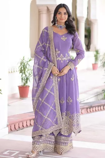Lavender zari & sequins embroidered work silver crunchy stitched kurta bottom & dupatta set