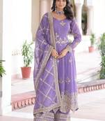 Lavender zari & sequins embroidered work silver crunchy stitched kurta bottom & dupatta set
