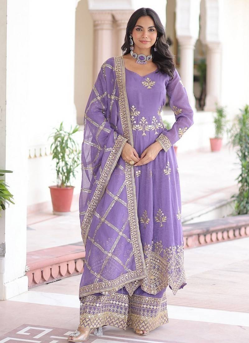 Lavender zari & sequins embroidered work silver crunchy stitched kurta bottom & dupatta set