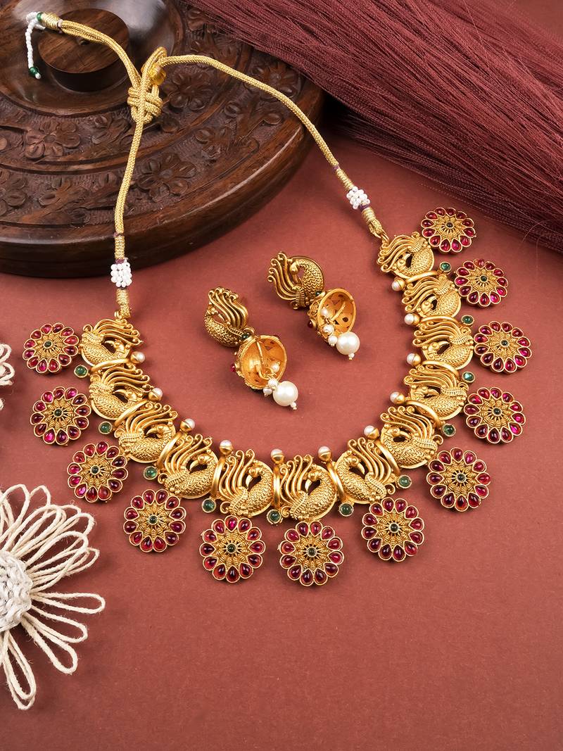  elegant red copper made kempu peacock flower motif necklace set