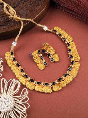 Gold plated blue kemp laxmi coin necklace set 1