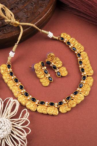 Gold plated blue kemp laxmi coin necklace set