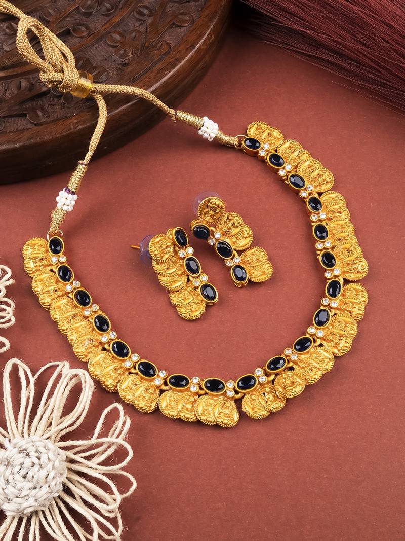 Gold plated blue kemp laxmi coin necklace set