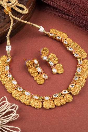 Gold plated white kemp laxmi coin necklace set