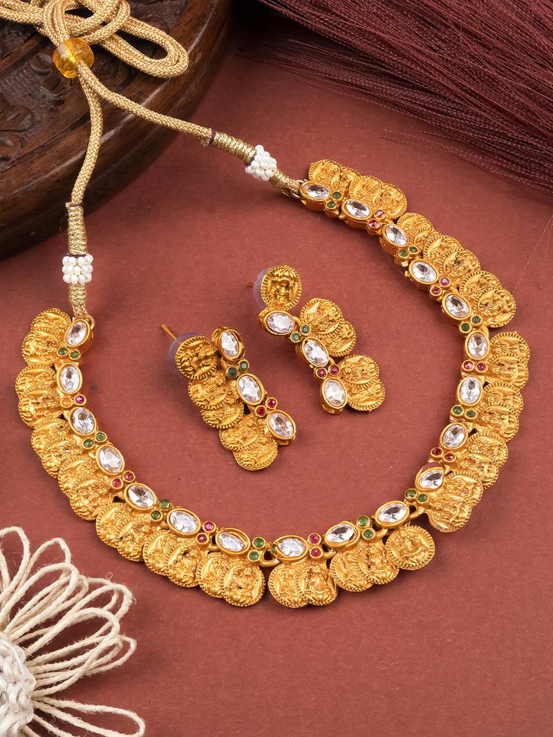 Gold plated white kemp laxmi coin necklace set