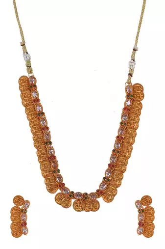Gold plated white kemp laxmi coin necklace set