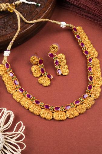 Gold plated red kemp laxmi coin necklace set