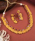 Gold plated red kemp laxmi coin necklace set