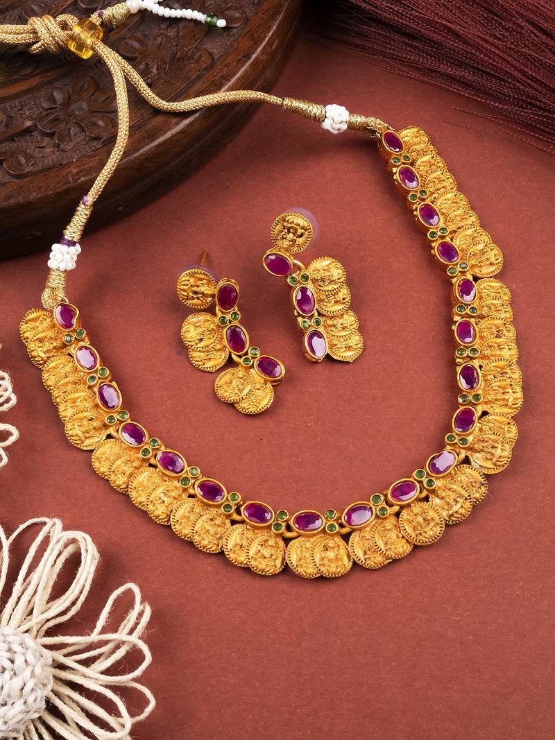 Gold plated red kemp laxmi coin necklace set