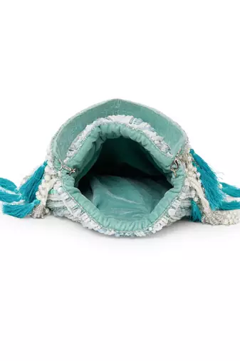 dewdrop fringe mint green & ivory embellished velvet potli