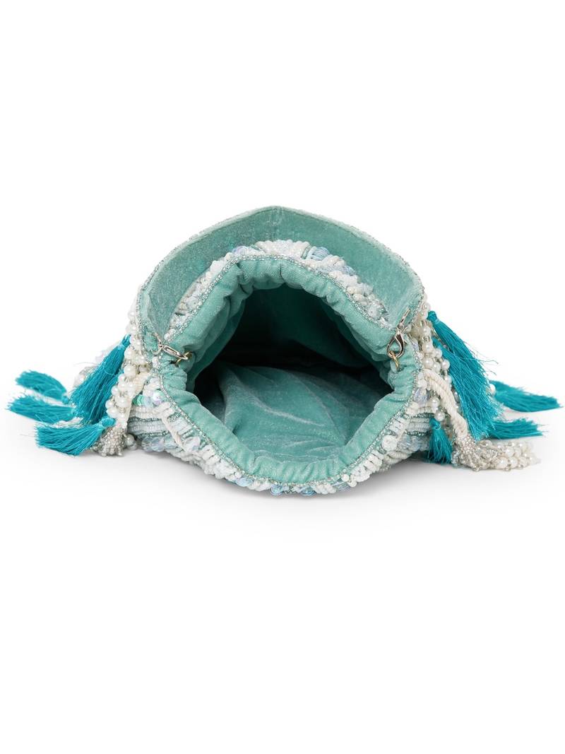 dewdrop fringe mint green & ivory embellished velvet potli