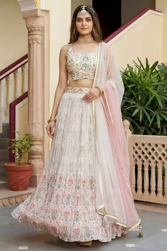 off white digital printed georgette festive lehenga set choli with dupatta