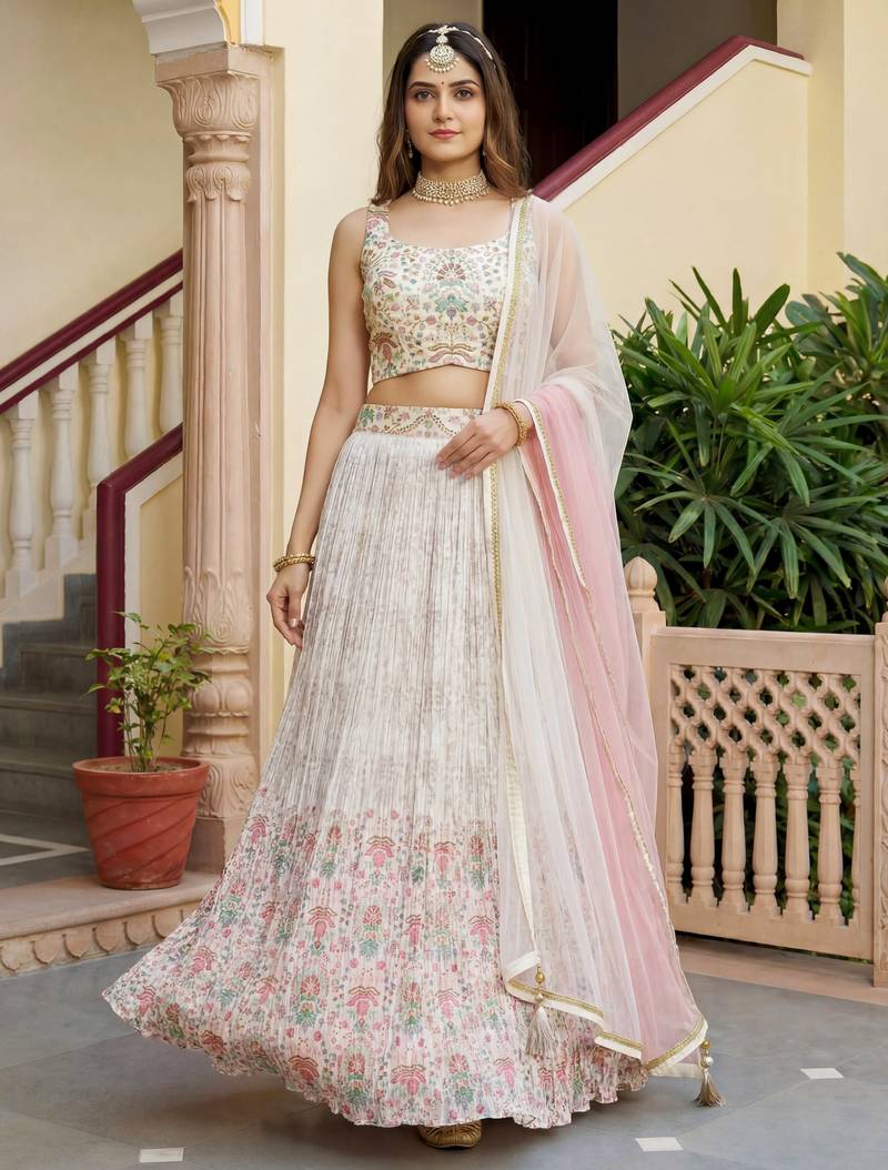 off white digital printed georgette festive lehenga set choli with dupatta