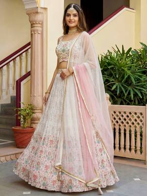 off white digital printed georgette festive lehenga set choli with dupatta 2